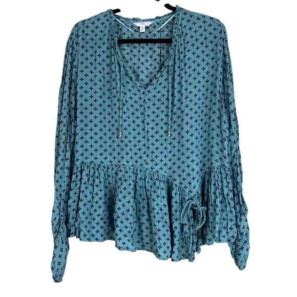 Time & True Tie Neck Peasant Blouse Womens L Blue Printed Cottagecore Prairie - Picture 2 of 7